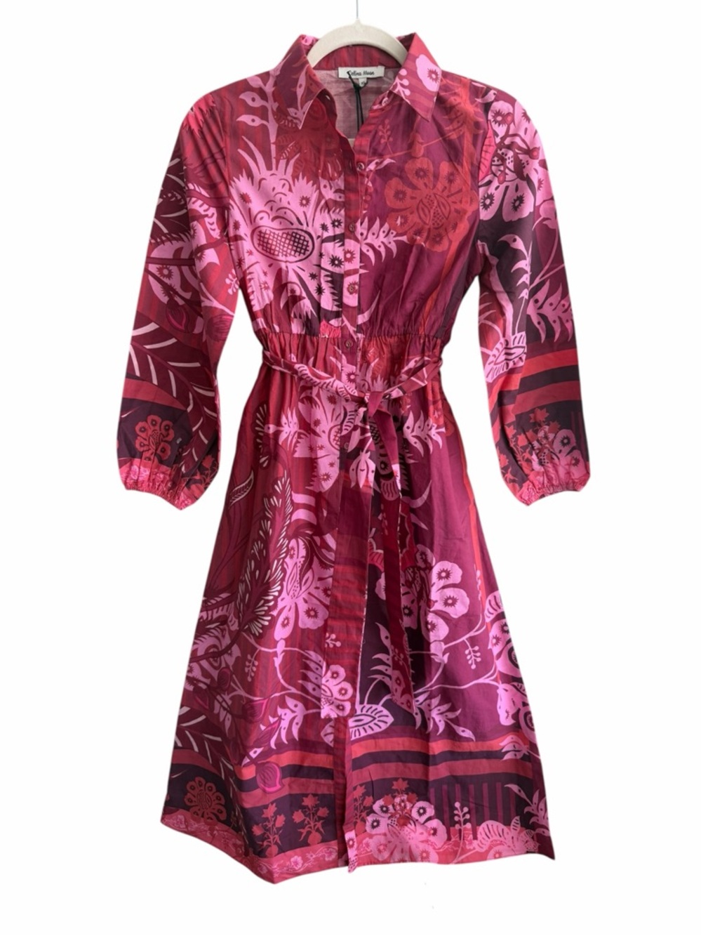 CELINA MOON Long Sleeve Belted Floral‎ Tropical Midi Shirt Dress size XS NEW